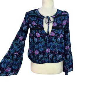 Kimchi Blue Floral Crop Top Tie Neck Bell Sleeve